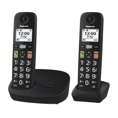 Panasonic KX-TGU112EXB Téléphone Numérique sans Fil sans Répondeur, Unité de Base et 2 Combinés, Écran LCD, Grosses Touches, Appel Favori, Compatible avec Les Appareils Auditifs, Noir