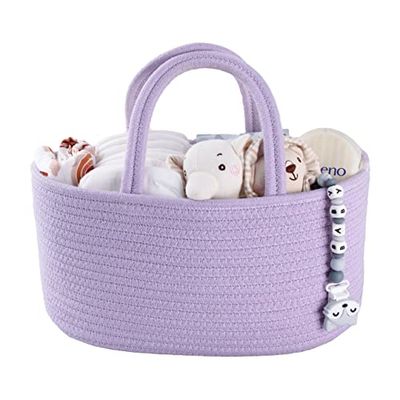 Baby Diaper Caddy Organizer Cotton Rope Nursery Storage Bin Basket Portable Holder Tote Bag for Changing Table Car Travel Baby Shower Gifts Newborn Essentials Registry Must Have Purple or Lavender