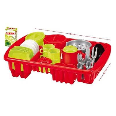 Ecoiffier- Escurridor grande 43cm con vajilla, Incluye platos, vasos, cubiertos, hasta 42 piezas, A partir de 18 meses