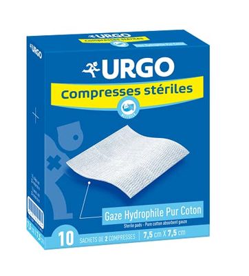 Urgo - Compresses de gaz stériles - Absorption - Boîte de 10 sachets de 2 compresses - 7,5cm x 7,5cm