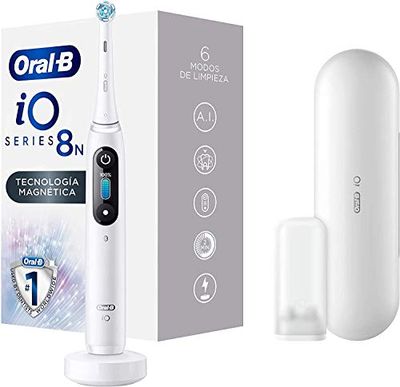 Oral-B iO 8N Cepillo de Dientes Eléctrico con Mango Recargable, Tecnología Magnética de Braun, 1 Cabezal de Recambio, Pantalla a Color, Cargador y Estuche de Viaje Premium - Blanco