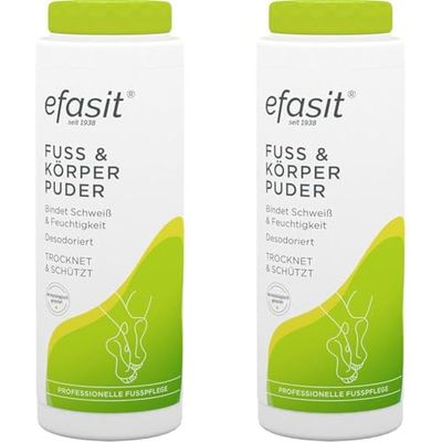 efasit Poudre pour pieds et corps - Contre la transpiration des pieds - Idéal pour les odeurs de pieds et les pieds transpirants - Absorbe l'humidité, protège la peau et procure une odeur agréable