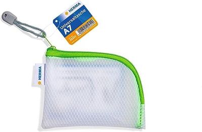 HERMA 20251 Zipped Travel Case A7 Transparent (14 x 10 cm) Small Lockable Clear Pocket with Zipper for Mobile Phone, Charging Cable, Cosmetics, Pens, Keys, Toiletry Bag in Green
