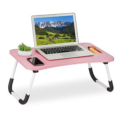 Relaxdays Table de lit, Tablette canapé, HxLxP : 26x63x40 cm, Support Pliable pour Ordinateur Portable, MDF et Fer, Rose