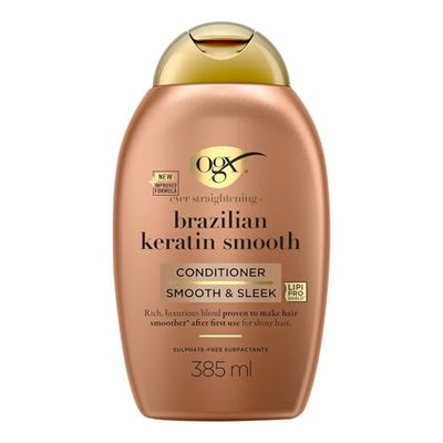 OGX Balsamo Cheratina Ever Straightening + Brazilian Keratin Smoothn cheratina per capelli lisciante e Olio di Cocco e Avocado districante capelli, Balsamo capelli ricci, mossi e crespi, 385