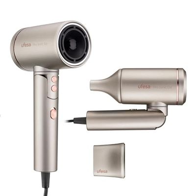 Ufesa Pro Ionic Go – Sèche-Cheveux Professionnel avec Moteur Numérique 105.000 tr/min, Technologie Dual Heat Protect, Ultra Silencieux, Générateur d’Ions et Buse Magnétique, 3 Vitesses, 3 Températures