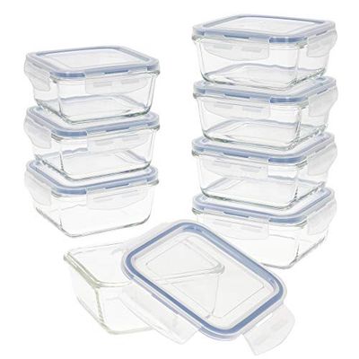 AKTIVE 48 Confezione da 8 ermetici in Vetro, Adatti per microonde, Chiusura, coperchi Trasparenti, Alimenti, contenitori Quadrati, 14 x 14 x 6.5 cm (550 ml)