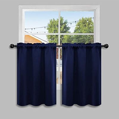 Pickluc Navy Blue Cafe Half Window Curtain, 36 Inches Length, Rod Pocket Small Kitchen Curtain, Short Blackout for Small Window, 30" Wide and 36" Long, 2 Panels