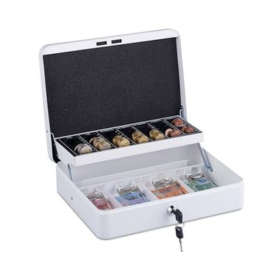 Relaxdays Caja de Dinero, Cerradura, Hierro, Bandeja para Monedas y 4 Espacios para Billetes, 8,5x30,5x24,5 cm, Blanco