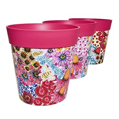 Hum Flowerpots, 22cm, 3 stycken, olika mönster, färger och storlekar, blomkrukor i plast för inomhus- och utomhusbruk Rosa blommor och bin
