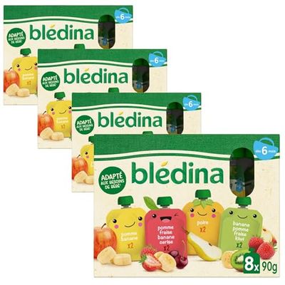 BLÉDINA - Gourdes de Purées de Fruits Bébé - Pomme, Poire, Banane, Fraise, Cerise, Kiwi - dès 6 Mois - 32 x 90 g