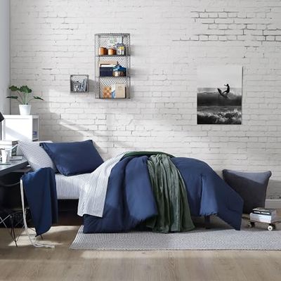 Nautica Casual Reversible Comforter Set, Includes Bonus Sham(s), Fitted Sheet, Pillowcase(s) and Laundry Bag, Polyester, Solid Navy, Twin/Twin XL