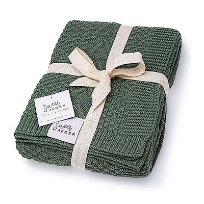Sweet Acorn Couverture en Tricot pour bébé en Coton Bio avec Motif torsadé, pour Berceau ou Poussette, Couverture de réception – Vert genévrier