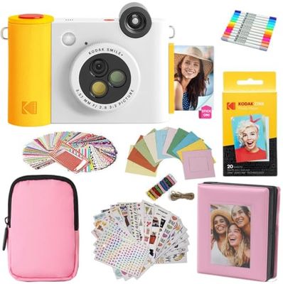 KODAK Smile+ 2-in-1 Fotocamera & Stampante Foto Regalo + Custodia + Carta Zink 20pz + Album + Cornici + Set Adesivi + Pennarelli - Bianca