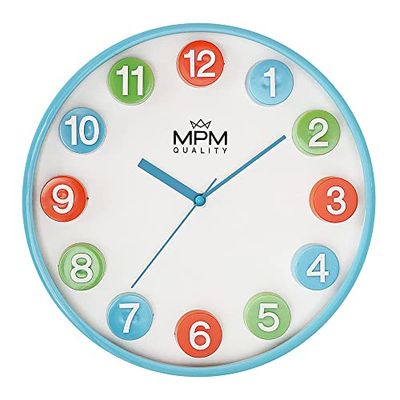 MPM Quality Kleurrijke kinderwandklok van kunststof, blauw/kleurrijk, grote kleurrijke 3D-cijfers, kwartsuurwerk sweep voor ongestoord spelen, diameter 304 x 43 mm, geschikt voor kinderkamer,