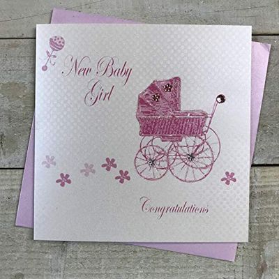 WHITE COTTON CARDS Biglietto per Neonato Realizzato a Mano con Scritta in Inglese Pink Caram Congratulations, BD187, Bianco