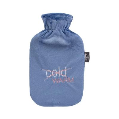 Fashy Hot Water Bottle with Fleece Cover and Embroidery "Cold/Warm", Blue, 2.0 L