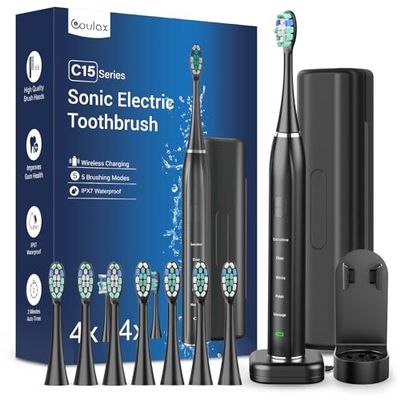 Sonic Brosse à dents électrique sonique - Brosse à dents de voyage - Brosse à dents électrique - Avec 8 têtes, 5 modes - Minuterie - Noir
