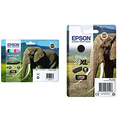 Epson 24XL Serie Elefante Cartuccia Originale, Multipack, XL, 6 Colori & 24XL serie Elefante Cartuccia Getto D'Inchiostro, Nero