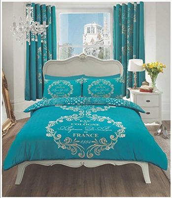 Gaveno Cavailia Luxurious SCRIPT PARIS Bed Set With Duvet Cover and Pillow Case, Polyester-Cotton, Teal , King