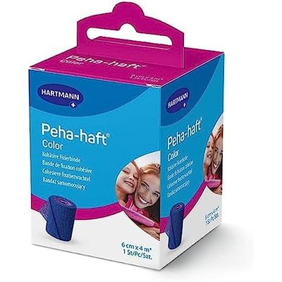 Peha-haft Color - Bande De Fixation Cohésive De Couleur Bleue - Facile à Poser - N'Adhère Pas À La Peau - Laisse Respirer La Peau - 6 cm x 4 m - 1 Unité