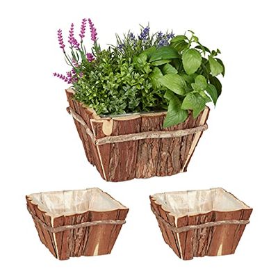 Relaxdays Blomlåda set med 3, träblomlåda med bark, balkong och trädgård, kvadratisk, HBT: 13,5 x 23,5 x 23,5 cm, natur