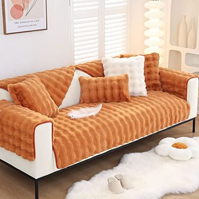 XSlive Soft Warm Faux Fur Couch Sofa Cover Thick Shaggy Fuzzy Sectional Couch Cover Non-Slip Solid Color Plush Sofa Slipcover Furniture Protector for Kids, Pets (Dark Orange,28"x28")