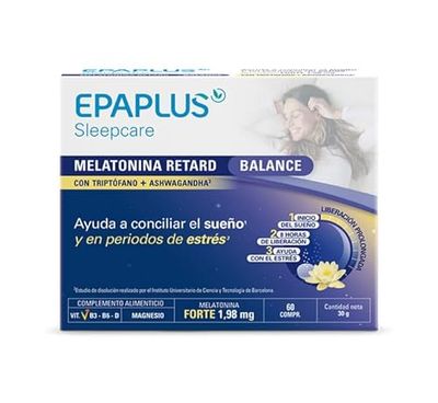 EPAPLUS Sleepcare Melatonina Retard Balance, 60 Comprimidos, con Triptófano + Ashwagandha, Ayuda a Conciliar El Sueño y en Periodos de Estrés, Liberación Prolongada