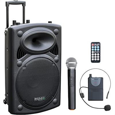 Ibiza - PORT15VHF-BT - Altavoz portátil 15"/800W MAX con 2 micrófonos (VHF), Mando a Distancia y Funda Protectora - Bluetooth, USB, SD - 6 a 8h de autonomía - Speaker Box