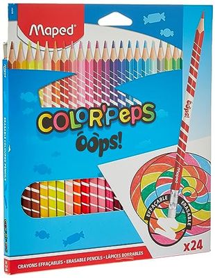 Maped - Pinturas de Madera - Lápices de Colores Oops - 24 Pinturas Borrables - Incluyen Goma en la Parte Trasera - Diseño Ergonómico - Diámetro de Mina Estándar