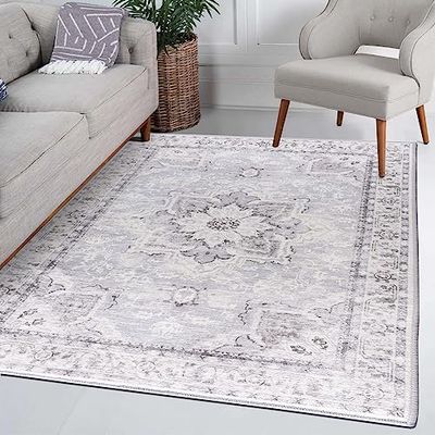 Vernal Sierra Machinewasbaar, antislip, antislip tapijt voor woonkamer, slaapkamer, eetkamer, hal, keuken, huisdiervriendelijk, grijs/blauw/wit, 152 cm x 213 cm