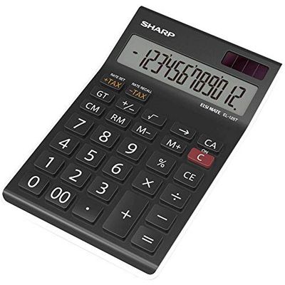 Sharp EL125TWH - Calculadora (pantalla de 12 dígitos, solar y a pilas), color negro