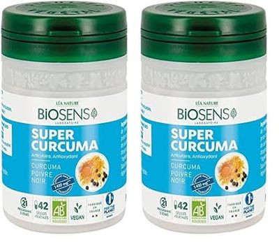 Biosens - Gélule végétale Super Curcuma - Articulaire, Antioxydant - Curcuma et Poivre Noir - Certifié Bio AB Vegan - Fabriqué en France - Programme de 21 jours - 42 gélules (Lot de 2)