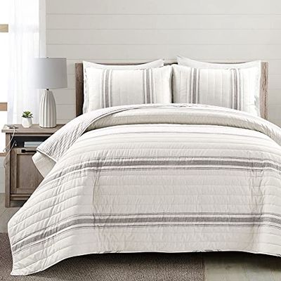 Lush Decor Farmhouse Stripe, Cotton, Gray, Full/Queen