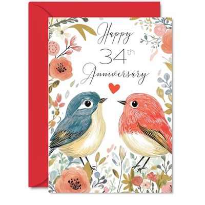 34th Anniversary Card for Women Men - Love Birds - Happy Wedding Anniversary Cards for Wife Husband Girlfriend Boyfriend, 5x7 Inch Floral Bird Greeting Cards