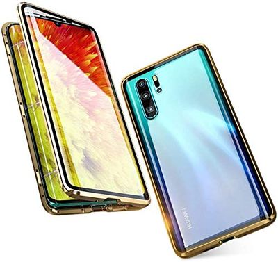Aest Funda para Huawei P30 Pro Adsorción Magnética Carcasa Frente y Parte Posterior de Transparent Vidrio Templado 360 Grados Proteccion Metal Antigolpes Case - Oro