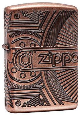 ZIPPO - Zippo Gears, Deep Carve, Armor - Armor® Antique Copper Deep Carve - Essence Briquet Coupe-Vent, Rechargeable, dans Une boîte Cadeau de Haute qualité