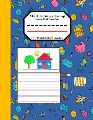 Marble story comp book Red baseline 100ct: Primary Story Journal with Dotted Midline and Picture Space, Handwriting Paper, Half Ruled Sheets, 8.5 x 11 In, 100 Pages, Grade K-2