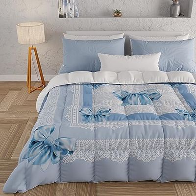 PETTI Artigiani Italiani - Couette Une Place et demie d'hiver, Couette 1 Place et demie, Couette Double Face Couleur Unie et Impression numérique nœud Bleu Ciel, fabriquée en Italie