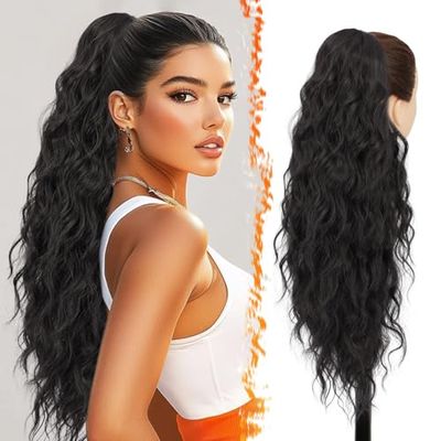BARSDAR Black Brown Drawstring Ponytail Extension, 26 Inch Long Curly Wavy Ponytail Hair Extensions for Women, Synthetic Drawstring Clip in Pony Tails Hairpieces Daily Party- Black Brown