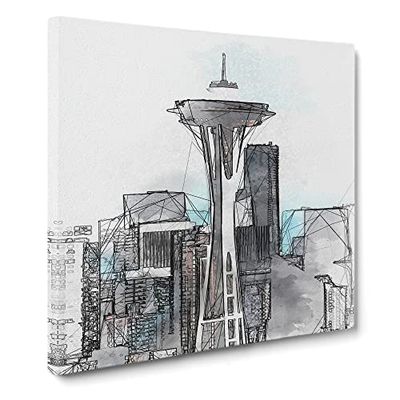 Space Needle in Seattle Washington in Abstract Modern Canvas Wall Art Print Ready to Hang, Framed Picture for Living Room Bedroom Home Office Décor, 20x20 Inch (50x50 cm)
