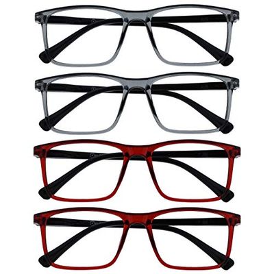 OPULIZE Ink Pack 4 Gafas De Lectura Grande Gris Oscuro Rojo Hombres Mujeres Bisagras Resorte RRRR4-77ZZ +2,00