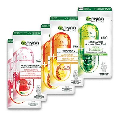 Garnier Maschera in Tessuto Ampolle, 5 Maschere in Tessuto, Ognuna con un Effetto Diverso, Idratante, Confezione da 5