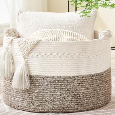 KAKAMAY Large Cotton Rope Storage Basket (20"x13"),Woven Baby Laundry Hamper，Blanket Basket for Nursery, Laundry, Living Room, Pillows, Toys （White/Beige）