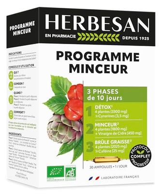 HERBESAN – PROGRAMME MINCEUR BIO – 3 phases : Détox, Minceur, Brûle-Graisse – Fabrication française – 10 plantes – Action complète – 30 ampoules de 10 ml