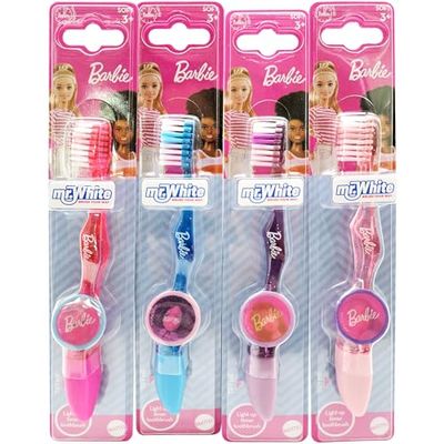 Mr.White Barbie Brosse à dents clignotante à piles avec poils souples – Minuteur clignotant 1 minute – Convient aux enfants de 3 ans et plus