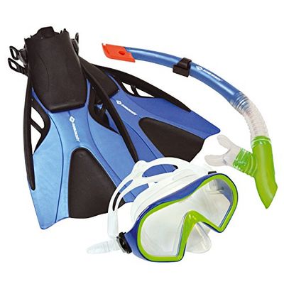 Schildkröt Funsports Set de Snorkel Caimán, 3 Piezas - Gafas, Tubo, Aletas Ajustables, para Adultos y Adolescentes, Silicona de Alta Calidad, en una Práctica Bolsa, Tamaño 43-47, 940002
