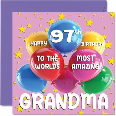 Stuff4 Tarjeta de cumpleaños número 97 para abuela, la abuela más increíble del mundo, tarjeta de feliz cumpleaños número 97 de parte de nieta y nieto, tarjetas de felicitación de 145 mm para abuela