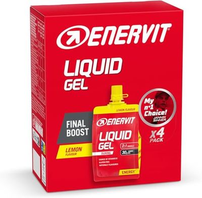 Enervit Gel Líquido Limón, Gel Energético con Maltodextrinas, Para Deportes de Alta Intensidad, 30g de Carbohidratos, Tapa Reutilizable, Sabor Limón, Vegano, Sin Grasas, Sin Gluten, 4 Pack de 60ml