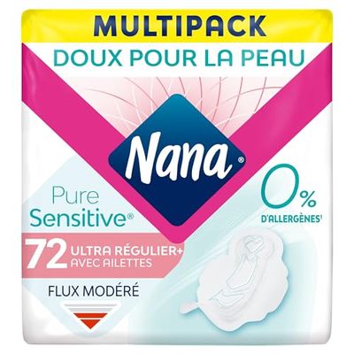 Nana Ultra Régulier Plus PureSensitive Serviettes hygiéniques avec ailettes - Flux réguliers - 72 serviettes en pochette individuelle